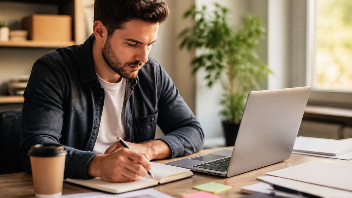 Young entrepreneur at desk with laptop and notebook, reviewing product research and market data on screen, surrounded by coffee and planning materials, natural window lighting