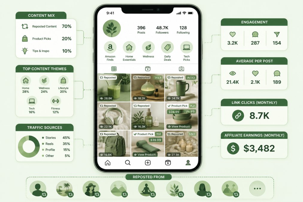 Smartphone screen displaying a faceless Instagram feed with lifestyle content, product recommendations, and engagement metrics visible, showing multiple story highlights and reposted content from various creators