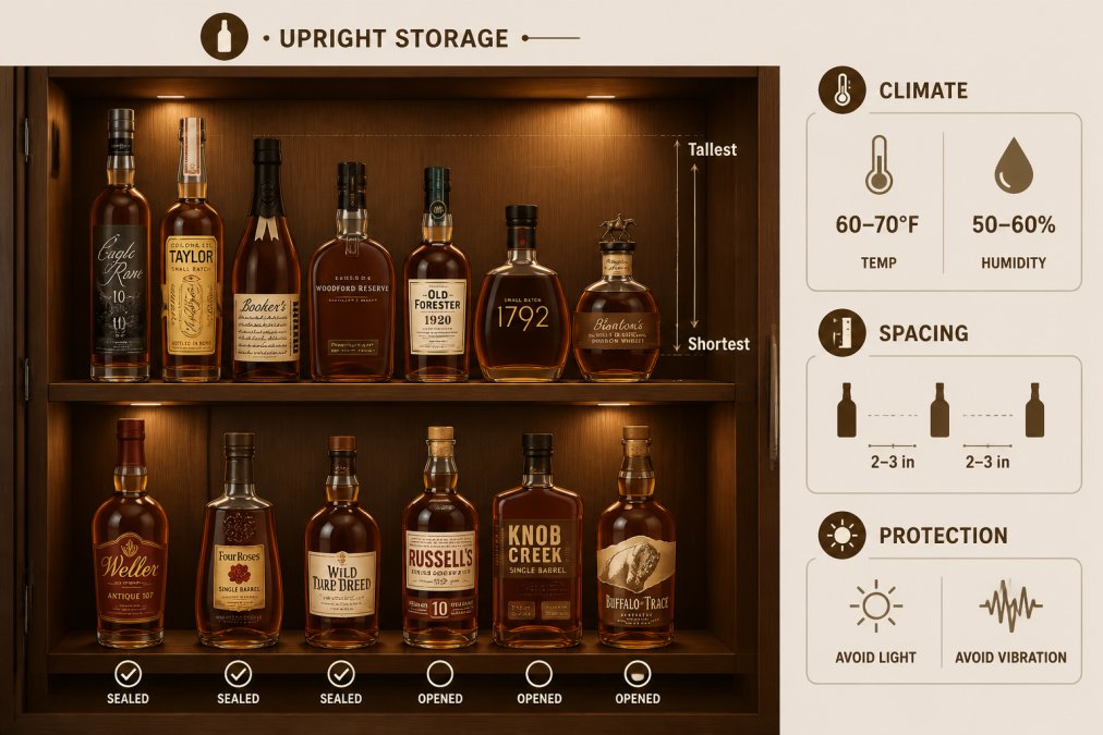 Close-up of bourbon bottles stored upright in a climate-controlled wooden cabinet with proper spacing, showing sealed and opened bottles arranged by height, warm accent lighting highlighting the collection
