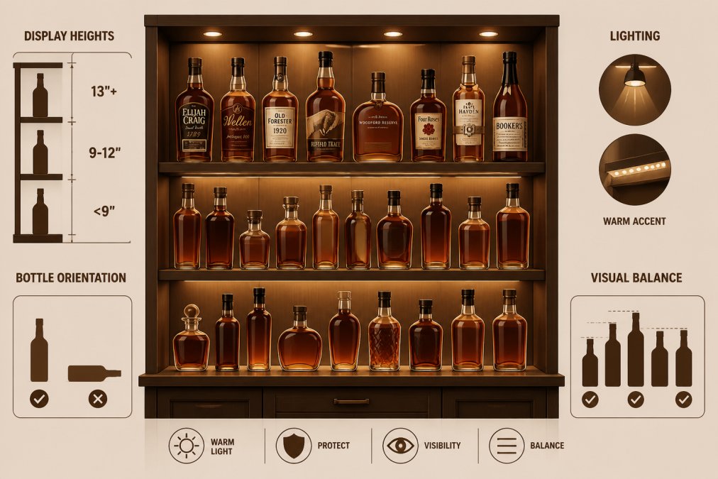 Well-organized home bar with bourbon bottles displayed upright on wooden shelving with varied heights and rich amber colors, warm accent lighting highlighting the collection, with some bottles showing visible labels and others backlit