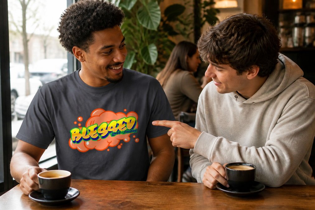 Young adult wearing faith-inspired graphic tee in casual coffee shop setting, naturally engaged in conversation with another person who is looking at their shirt with genuine curiosity, warm natural lighting from window