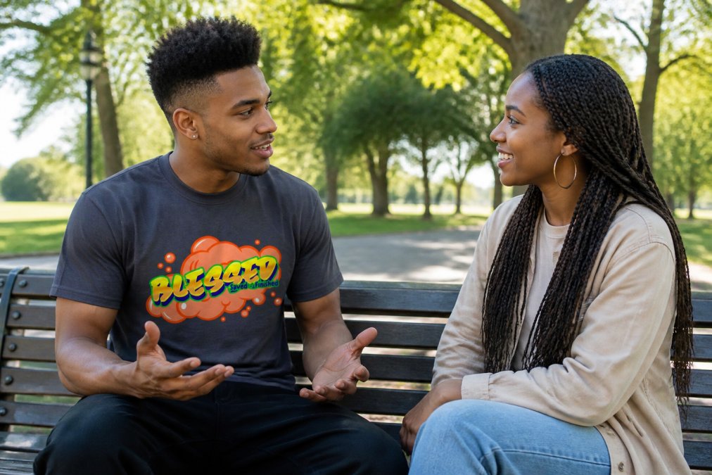 Two people in genuine conversation in outdoor park setting, one wearing meaningful faith apparel, both displaying open body language, attentive listening, natural daylight filtering through trees