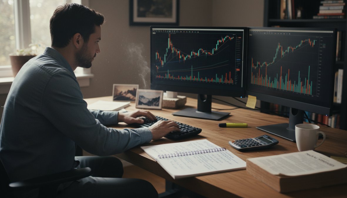 A focused trader sitting at a dual-monitor desk reviewing open positions and handwritten risk calculations on a notepad beside the keyboard, warm office lighting, late afternoon