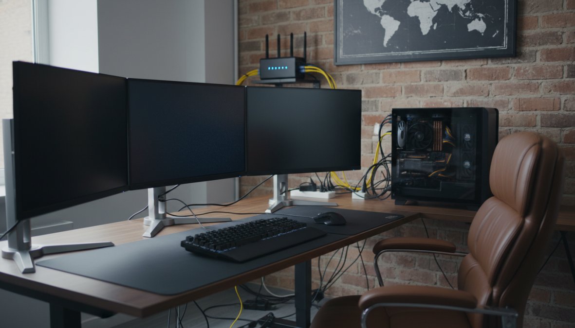 Close-up of a professional trading workstation with three monitors displaying live forex and crypto price charts in a dark-lit home office, with a high-speed fiber router visible in the background and a keyboard in the foreground