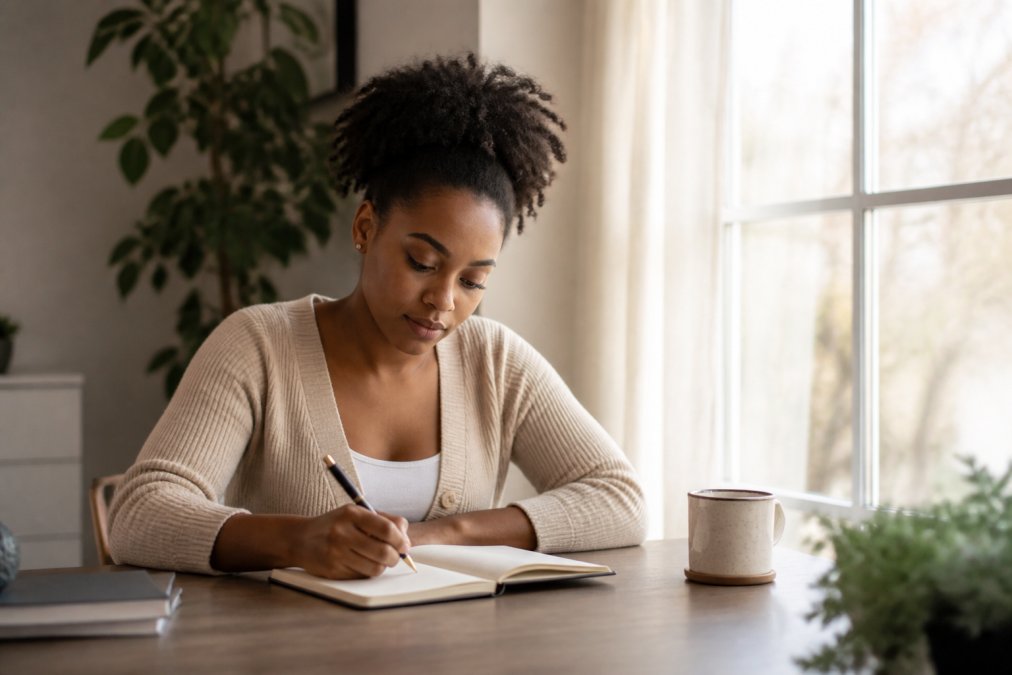 Woman sitting alone at a desk with an open journal, pen in hand, natural light streaming through a window, calm and focused expression, coffee cup nearby