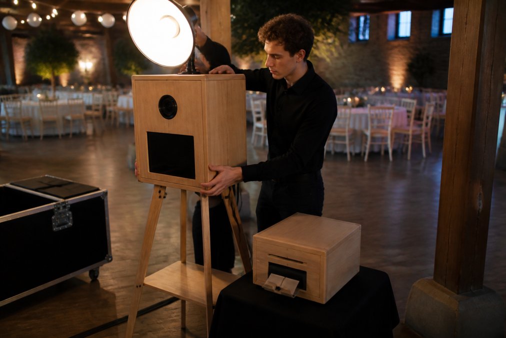 Unternehmer baut eine Holz-Fotobox für dein Photobooth-Verleihunternehmen in einem Veranstaltungssaal auf.