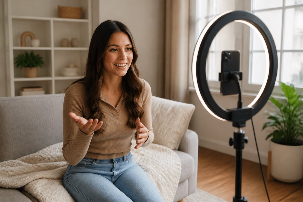 Content creator filming a TikTok video in home studio setup with ring light positioned at eye level, smartphone mounted on adjustable tripod, neutral background, natural window light supplementing the ring light