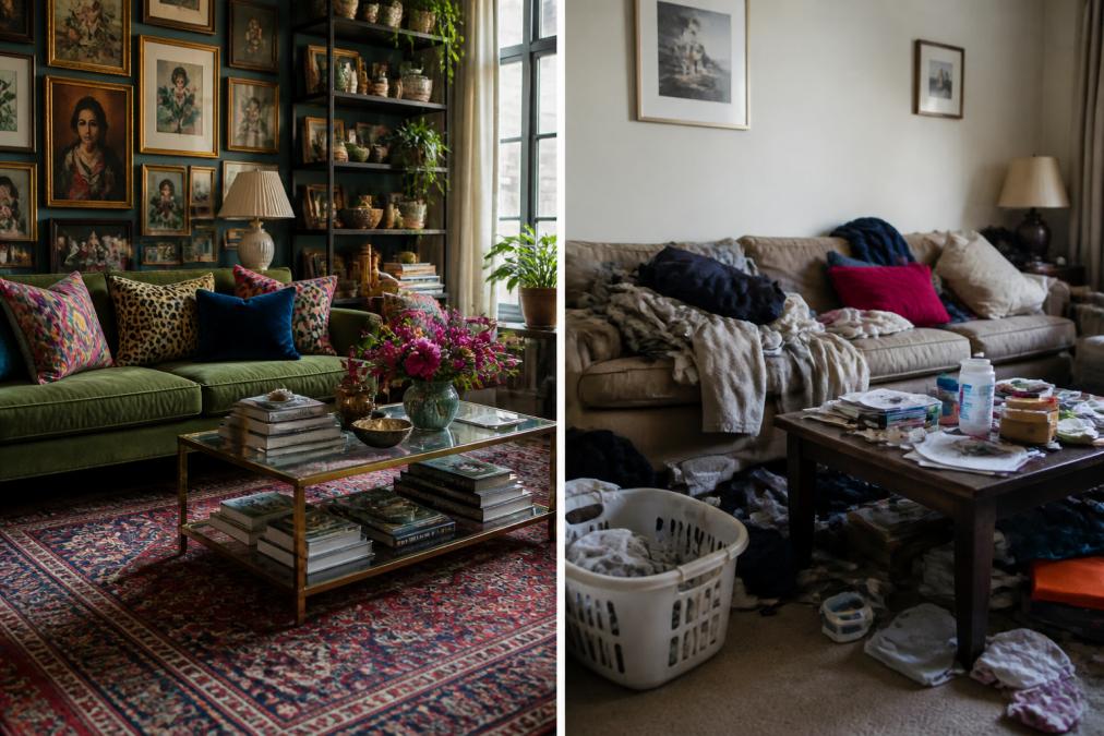 A richly decorated living room with layered textiles, a gallery wall, bold patterned cushions in jewel tones, and eclectic objects arranged on open shelves in warm afternoon light, feeling vibrant and cohesive rather than chaotic