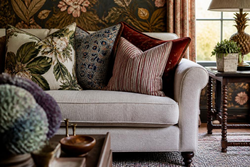 Close-up of a maximalist sofa corner with multiple patterned throw pillows in varying scales, large botanical print, medium geometric, and fine stripe, alongside a textured wool area rug and bold wallpaper backdrop in warm natural light