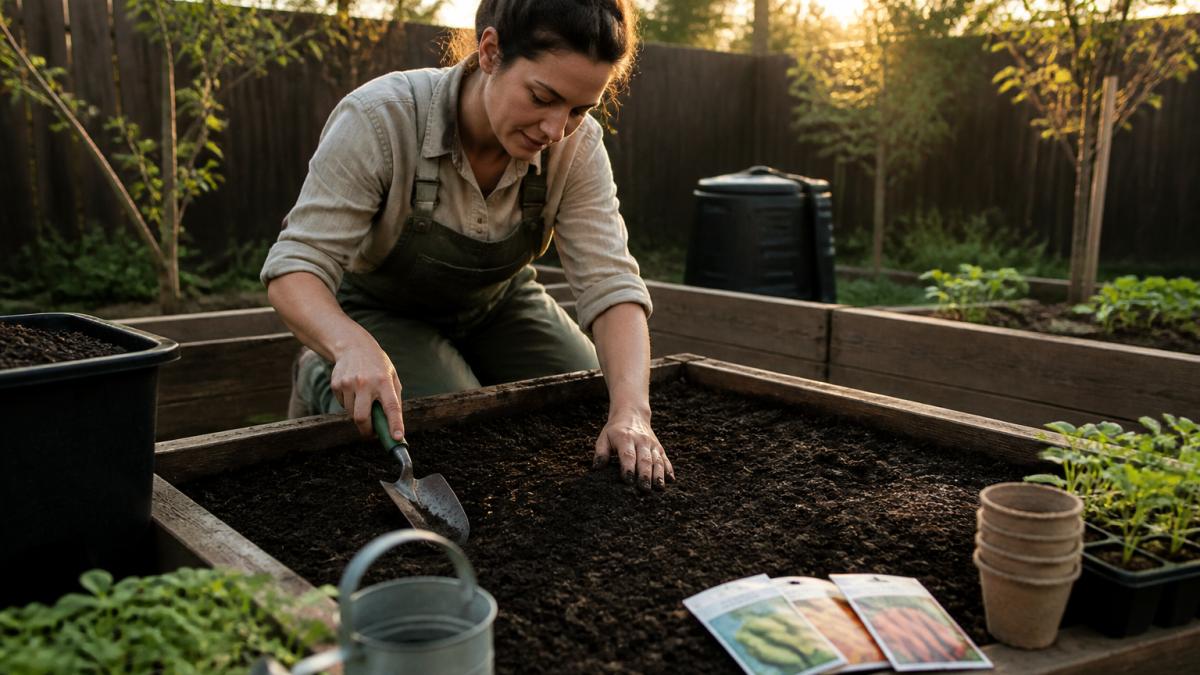 Person kneeling in a sunny backyard preparing soil in a raised bed for a survival garden with a trowel and seeds