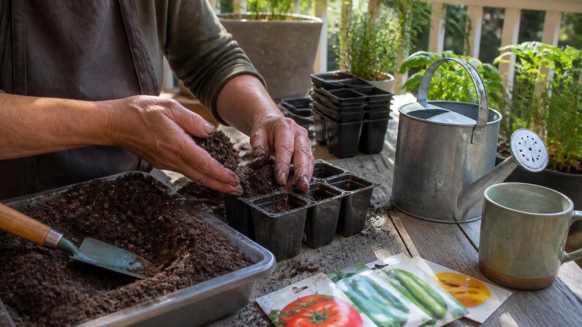Close-up of a gardener's hands filling small containers with seed-starting mix on a sunny back porch, seed packets and a watering can nearby