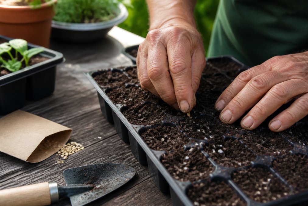 Close-up of weathered hands gently pressing a small seed into a cell tray filled with dark, moist potting mix, with a seed packet and small trowel resting on a wooden table nearby, soft natural window light