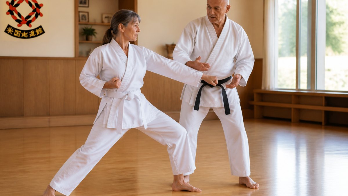 Instructor guiding an adult student starting martial arts at 55 in a bright dojo
