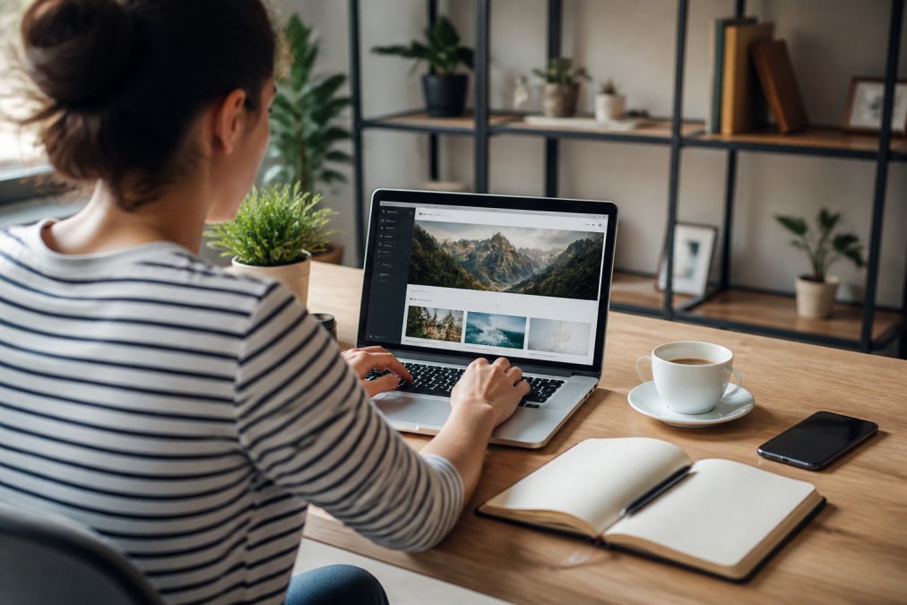 Eine Person sitzt an einem aufgeräumten Schreibtisch mit Laptop und Notizbuch, auf dem Bildschirm ist ein einfacher Website-Editor zu sehen, daneben eine Tasse Kaffee und ein Smartphone
