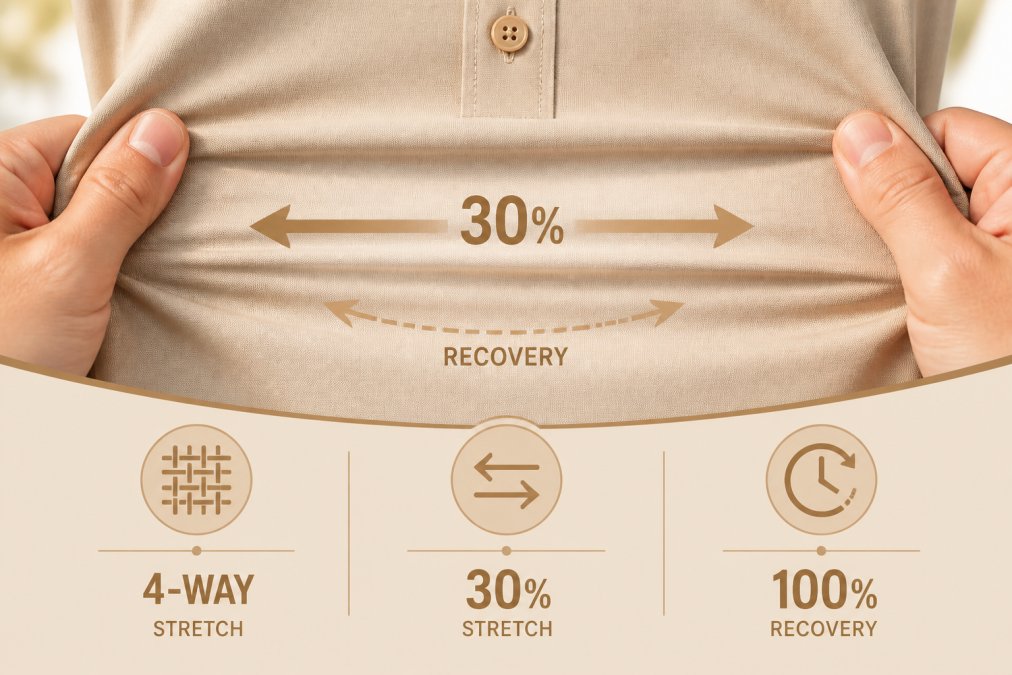 Close-up of dress shirt fabric being gently stretched between two hands, showing elasticity and recovery, natural daylight illuminating the weave