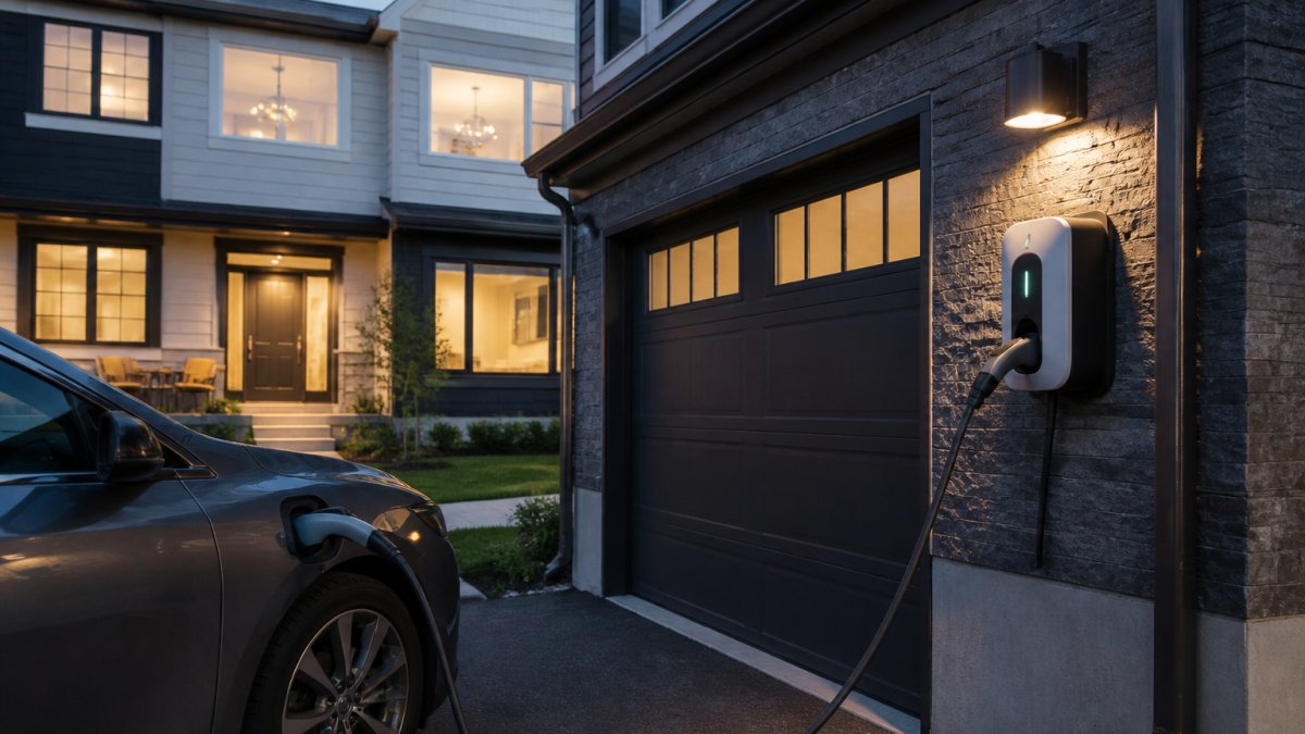 A modern townhome exterior at dusk with a Level 2 EV charger mounted on the garage wall and an electric vehicle plugged in, warm interior lights visible through the windows