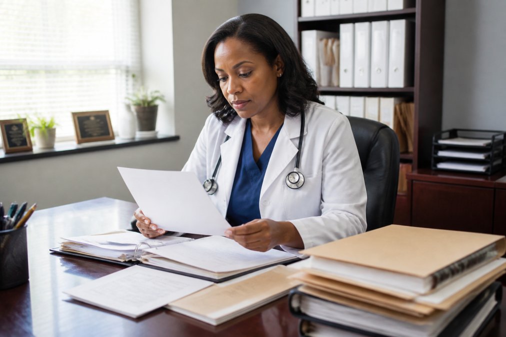 Professional healthcare provider reviewing medical credentials and application documents at a desk with computer and file folders in modern office setting with natural lighting