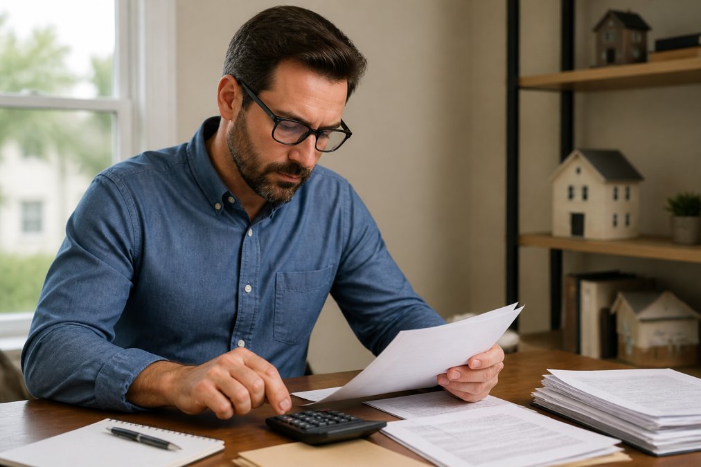 A real estate investor reviewing tax documents at a desk with a laptop and calculator, looking focused