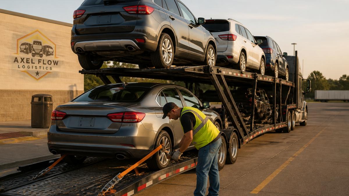 A multi-car open transport carrier parked at a highway rest stop, a driver in a safety vest securing a sedan with orange ratchet straps while three other vehicles sit loaded on the upper deck under late afternoon light