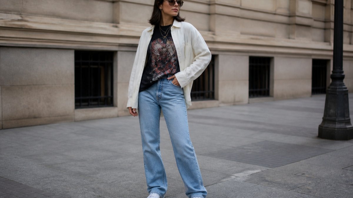 Person wearing an oversized graphic tee and an open overshirt with straight-leg jeans in an urban setting