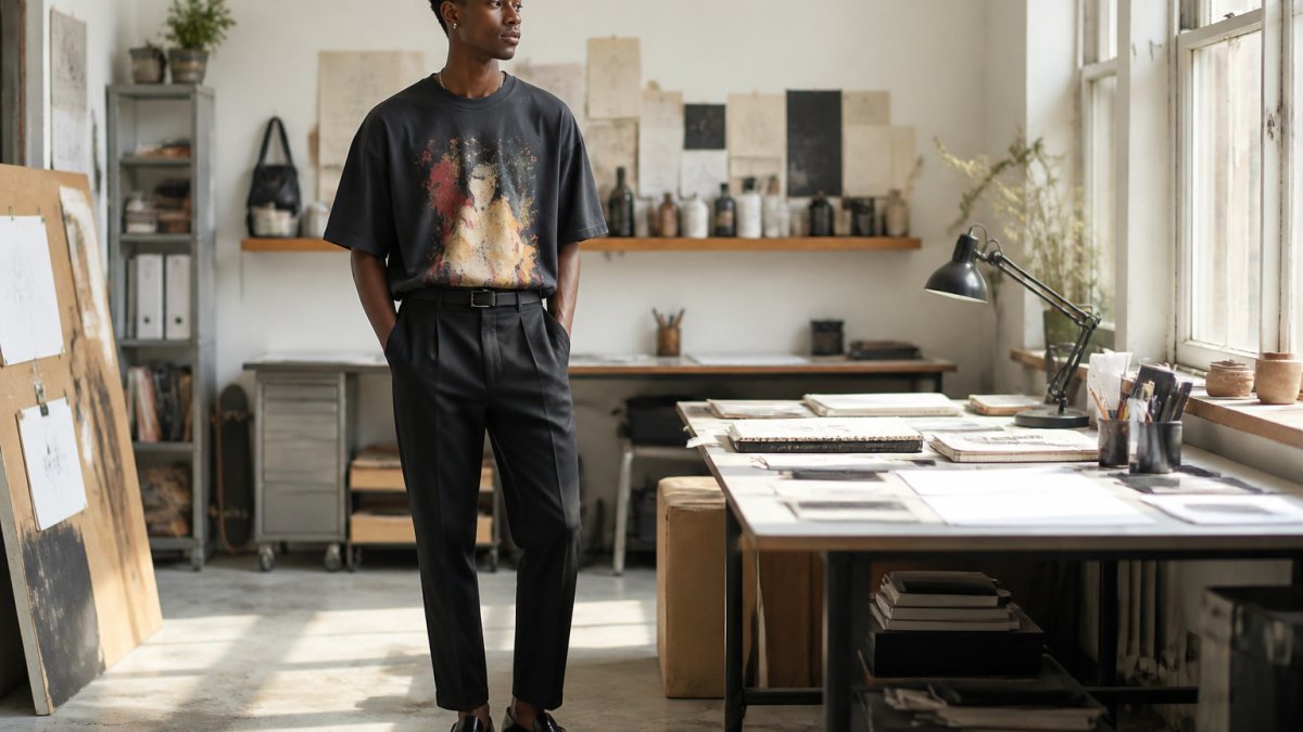 Creative professional wearing an oversized statement tee with bold artistic design, paired with tailored dark charcoal trousers and structured leather loafers, standing in bright creative studio workspace with natural light