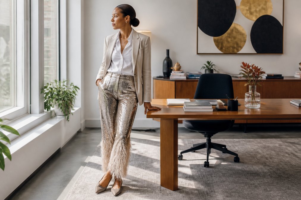 Professional woman in modern office environment wearing metallic sequin-detailed trousers with feather embellishments, paired with a crisp white fitted shirt and tailored neutral blazer, minimal gold jewellery, and pointed-toe flats, standing at a desk with natural window lighting