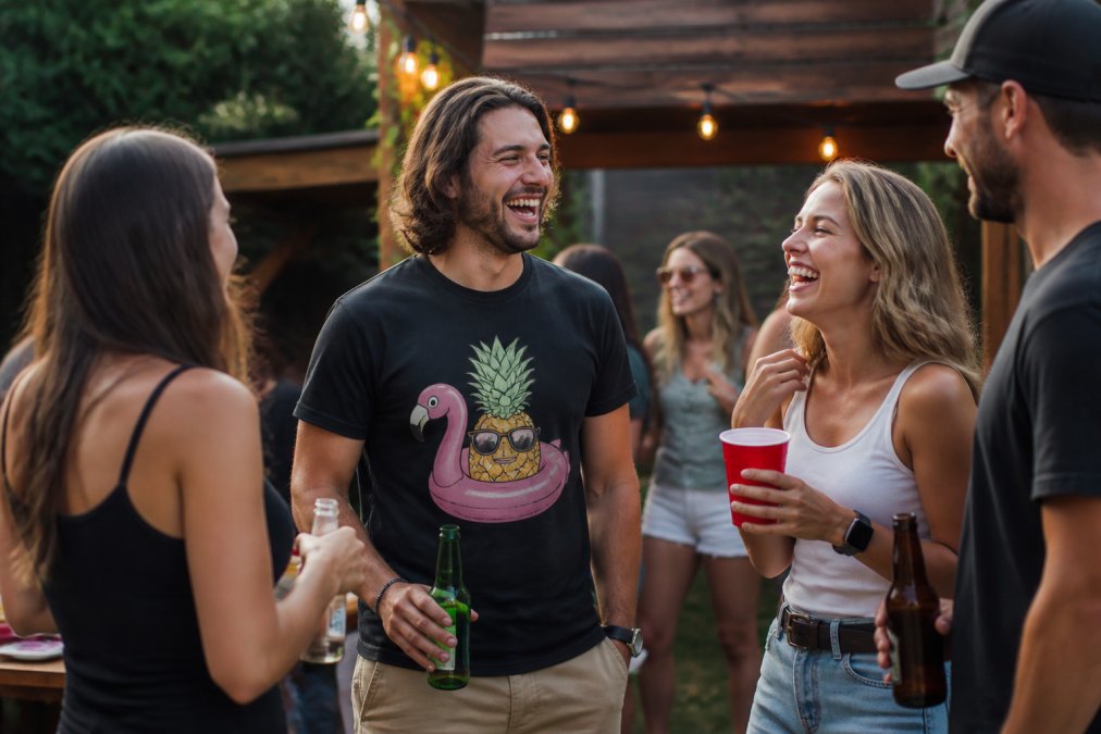 A group of friends laughing at a backyard party, one wearing a bold graphic tee with a funny slogan, casual summer setting, natural lighting