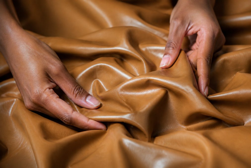 Close-up of luxurious faux leather fabric with rich texture and polished finish, hands gently touching the material to demonstrate quality and craftsmanship, showing the depth and durability of artisanal construction