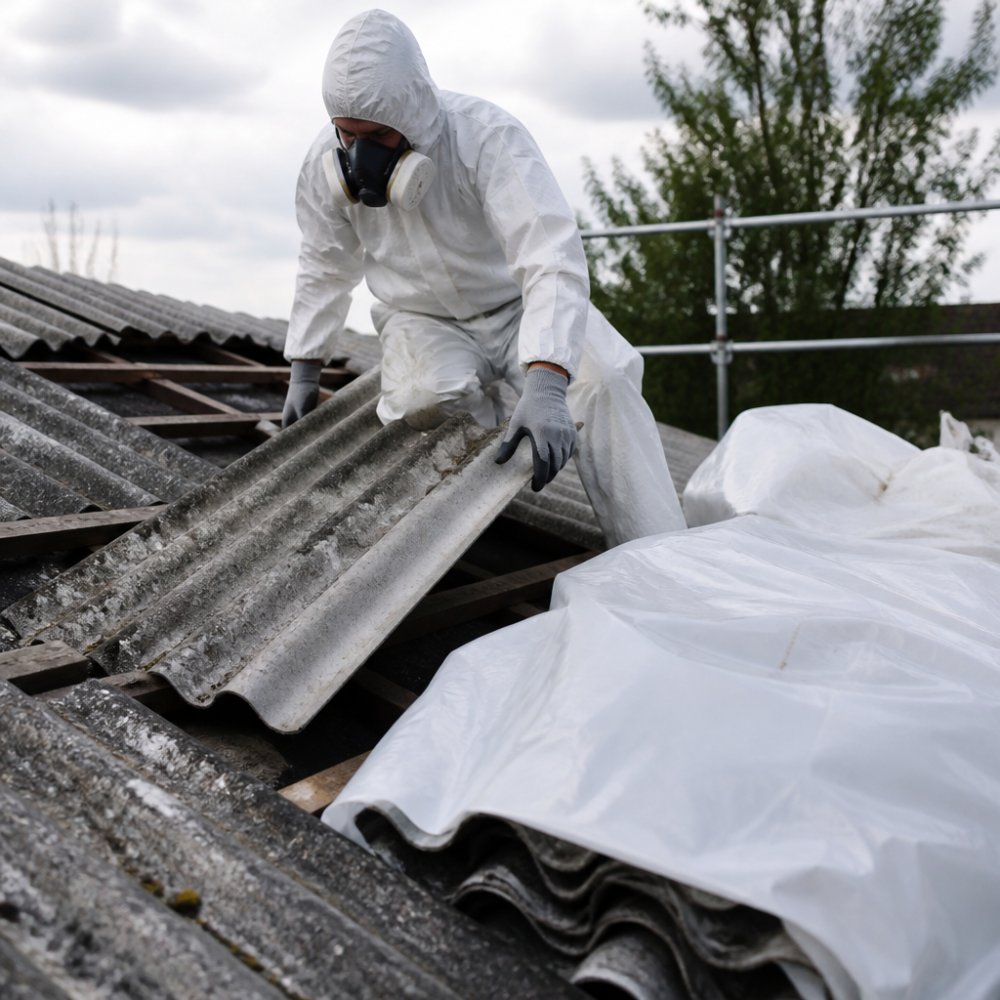 Certifikovaný pracovník v ochranném obleku, respirátoru a rukavicích provádějící bezpečnou demontáž eternitového materiálu s použitím certifikovaných obalů v kontrolovaném prostředí