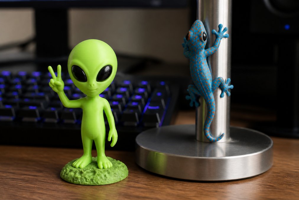 Close-up desk scene showing a small 3D printed green alien figurine next to a magnetic gecko clinging to a metal lamp base, gaming keyboard blurred in the background