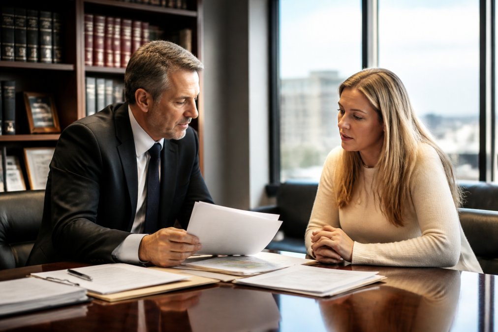 Attorney reviewing case documents and evidence with a client in a professional office setting with natural lighting, discussing legal strategy and case details