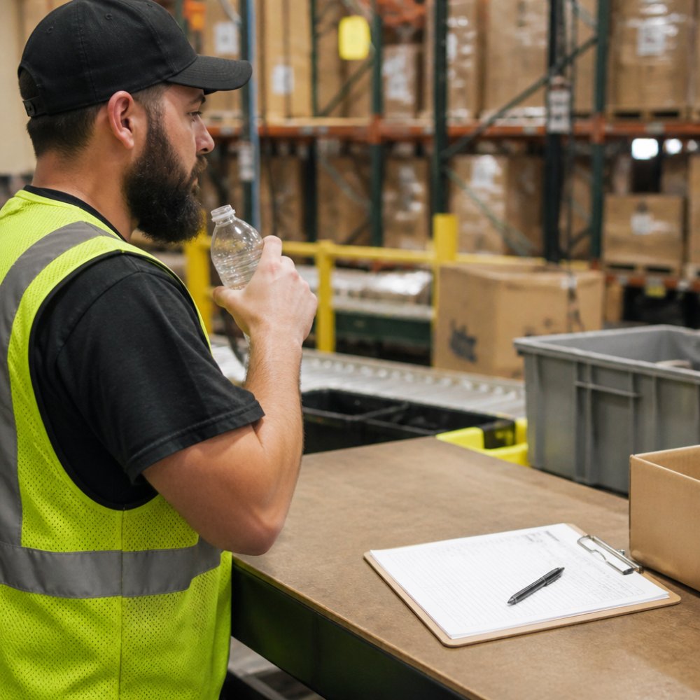 Warehouse worker using a clipboard hydration schedule to stay hydrated 12-hour shifts during a busy workday.