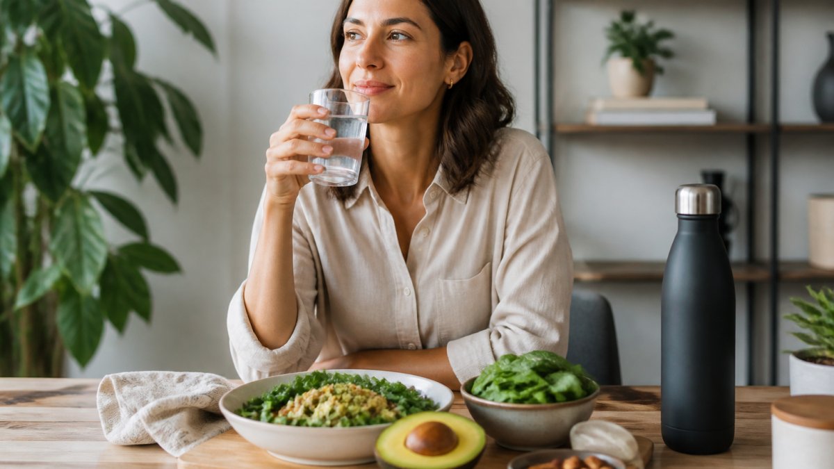 Person at desk with a full water glass, healthy keto-friendly foods including avocado and leafy greens, and a reusable water bottle nearby during midday work