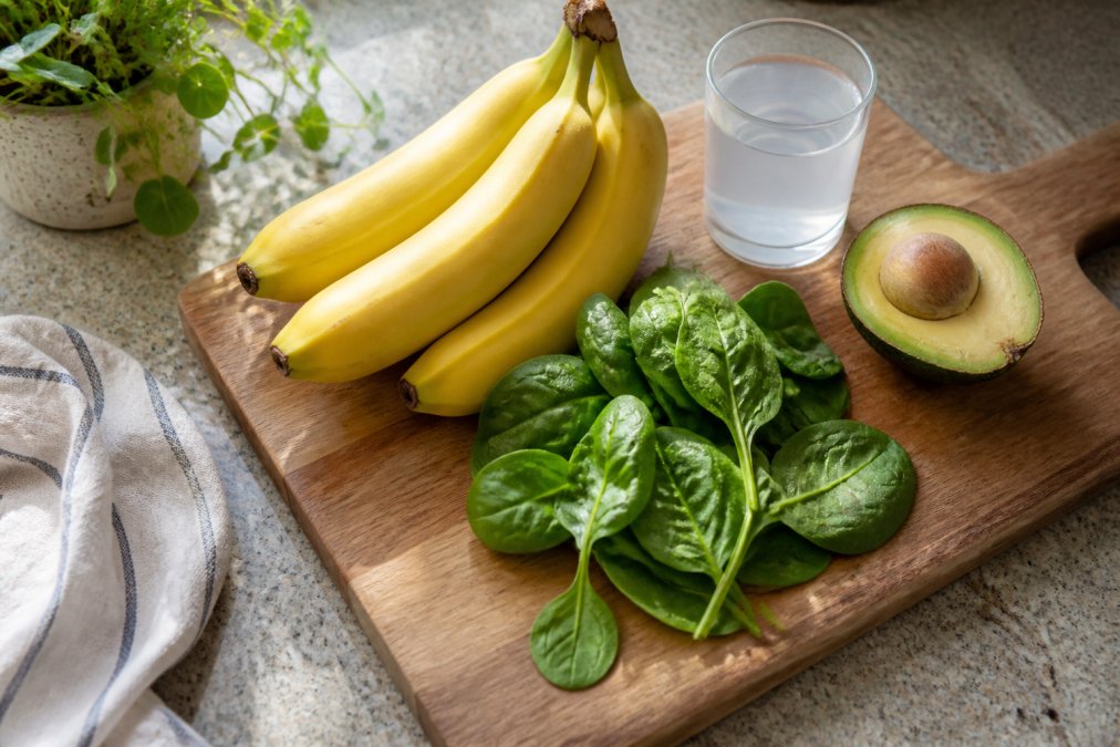 Fresh bananas, spinach, avocado, and coconut water to help reduce bloating from sodium on a wooden board.