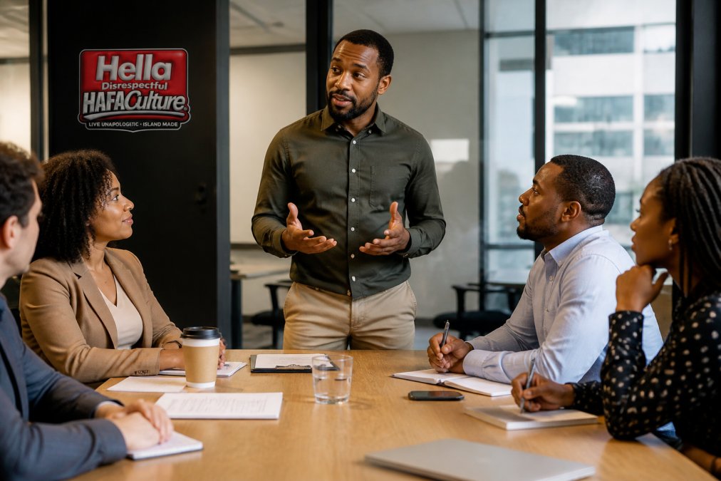 Professional in business casual attire speaking confidently during a meeting, making direct eye contact with colleagues seated around a conference table in a bright modern office