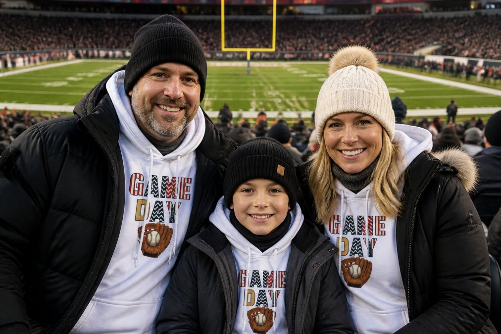 Family at a cold football game wearing visible layering system, base layer visible at wrists and neck under mid-layer hoodie, with heavy outer jacket clearly showing the three-layer approach for warmth