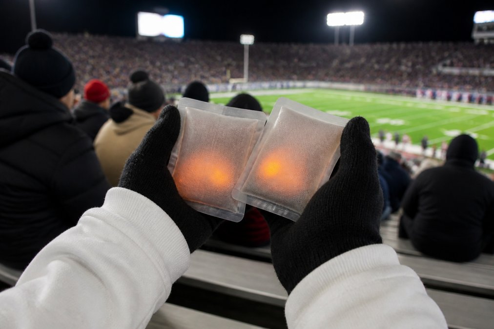 Close-up of hands holding activated hand warmers in bleachers during a cold football game, with stadium lights and crowd visible in soft focus background, showing practical use while wearing gloves