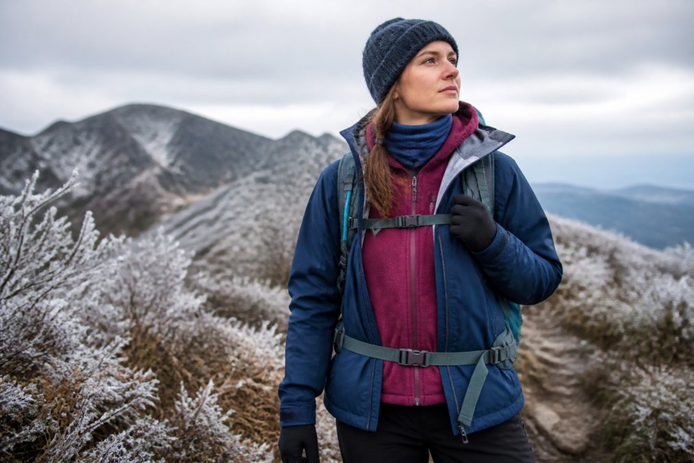 Hiker wearing visible layered clothing system with fitted base layer, mid-layer fleece hoodie, and windproof outer shell jacket during a cold-weather mountain hike with frost-covered vegetation and overcast sky