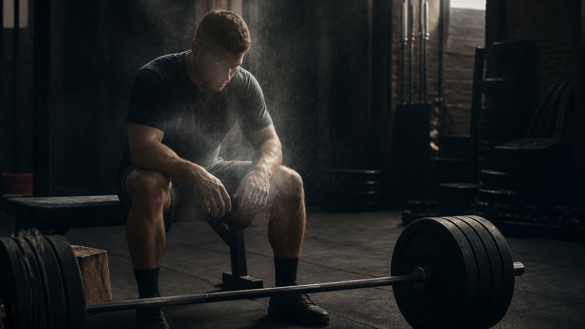 A lone lifter sitting on a bench in a dim gym, hands on knees, chalk dust in the air, staring at a loaded barbell before a set, moody lighting