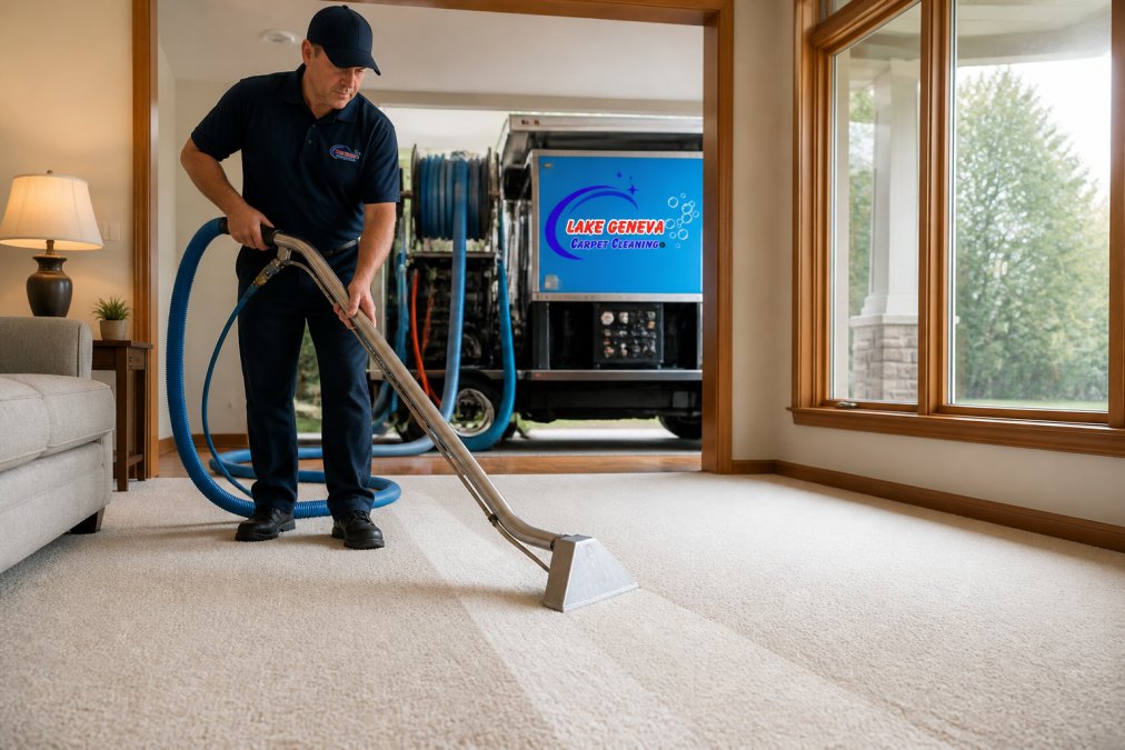 Professional technician operating truck-mounted steam cleaning equipment with hot water extraction wand over residential carpet in living room, water and soil being extracted into recovery tank