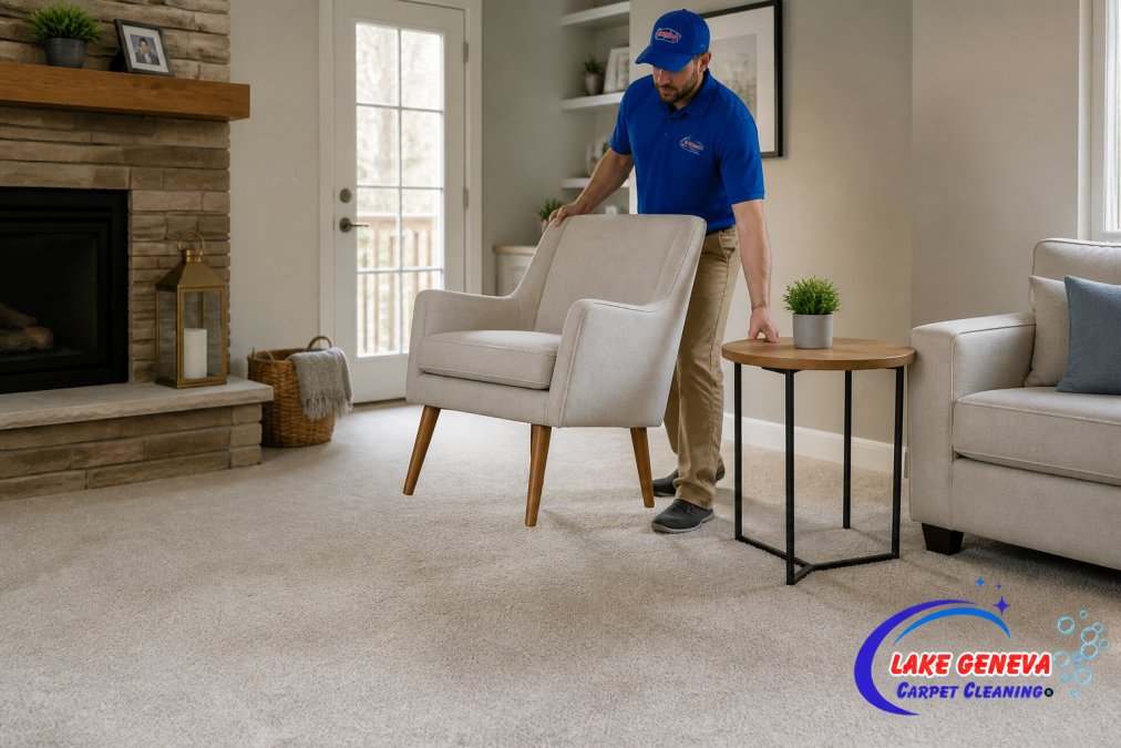 Homeowner clearing living room of furniture, moving lightweight chair and side table away from carpet area in preparation for professional cleaning appointment