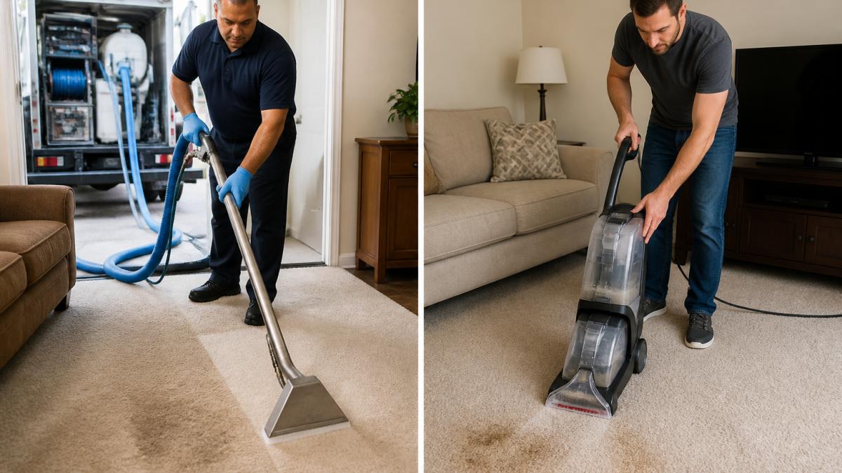 Professional carpet cleaning technician using truck-mounted steam cleaning equipment with extraction hose in residential living room, treating beige carpet with visible stain treatment