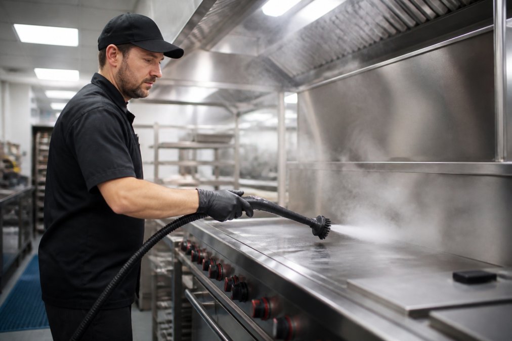 Steam Cleaner vs Chemical Cleaning Costs: 2026 Guide 1 A commercial kitchen worker using a professional steam cleaner on stainless steel cooking equipment, with visible steam and a clean, grease-free surface
