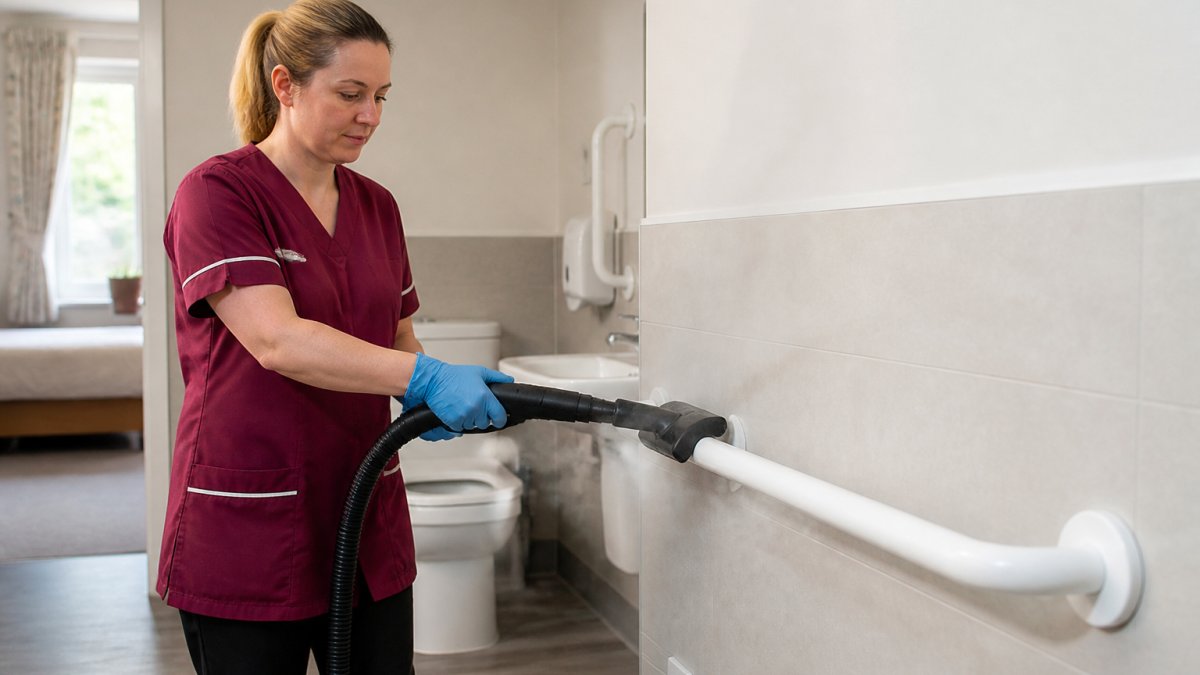 Steam Cleaning for Care Home Hygiene: A How-To Guide 1 A care home cleaning operative in a uniform using a commercial steam cleaner with a vacuum attachment on a bathroom handrail in a bright, modern residential care setting