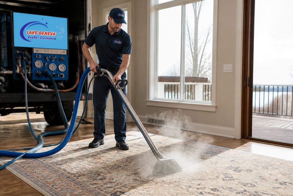 Professional technician using truck-mounted hot water extraction equipment on a residential rug, with visible steam and water recovery in action, strong suction visible at the extraction nozzle in bright natural lighting