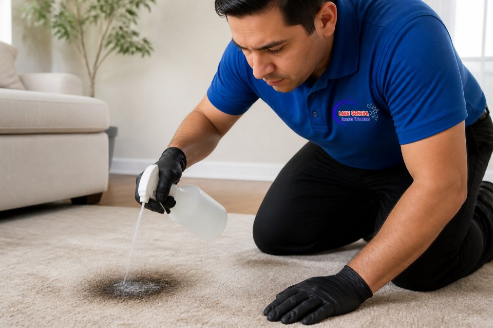 Close-up of a technician applying pre-treatment solution to a stained area of a rug before extraction, with focused concentration on the spot treatment, professional lighting highlighting the application technique