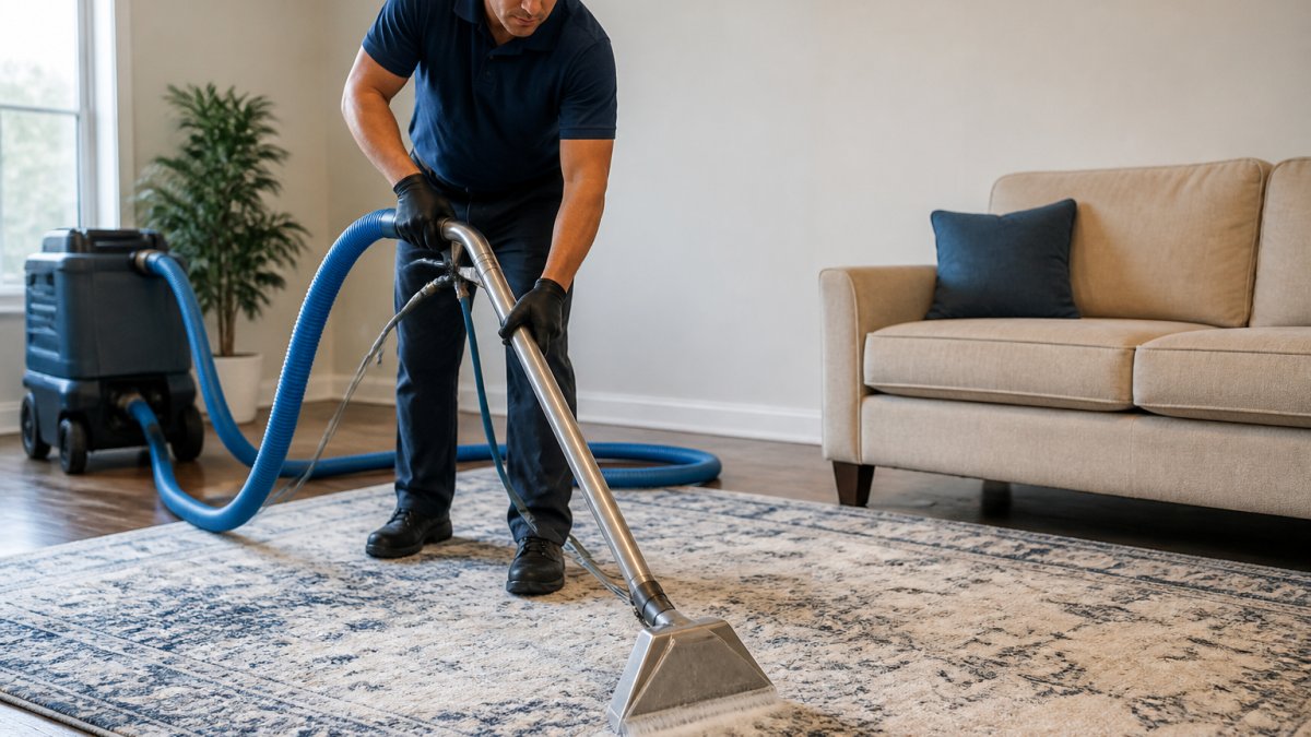 Professional cleaner using hot water extraction equipment on an area rug, showing the wand applicator in action with visible water extraction
