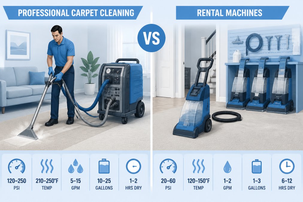 Professional technician in uniformed attire operating industrial-grade steam extraction equipment on residential carpet, showing the scale and powerful machinery of professional equipment compared to consumer rental machines visible in the background