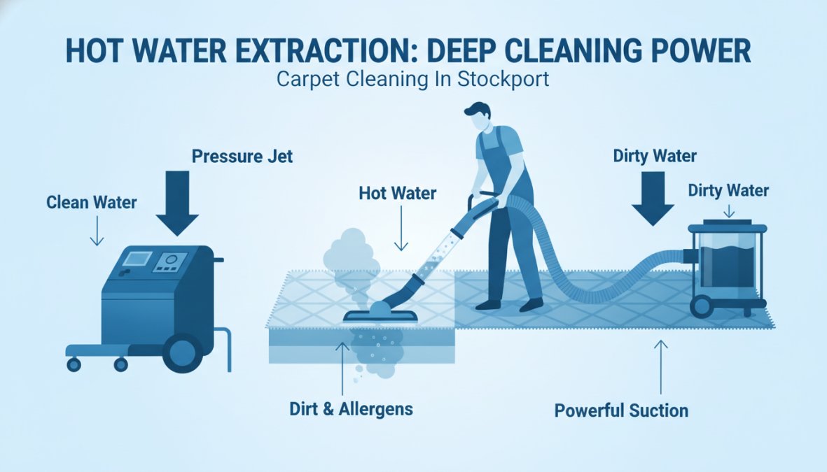 Professional carpet cleaning technician using hot water extraction equipment on a residential carpet, showing the machine in action with visible suction hose and cleaning solution application in a modern living room with natural light