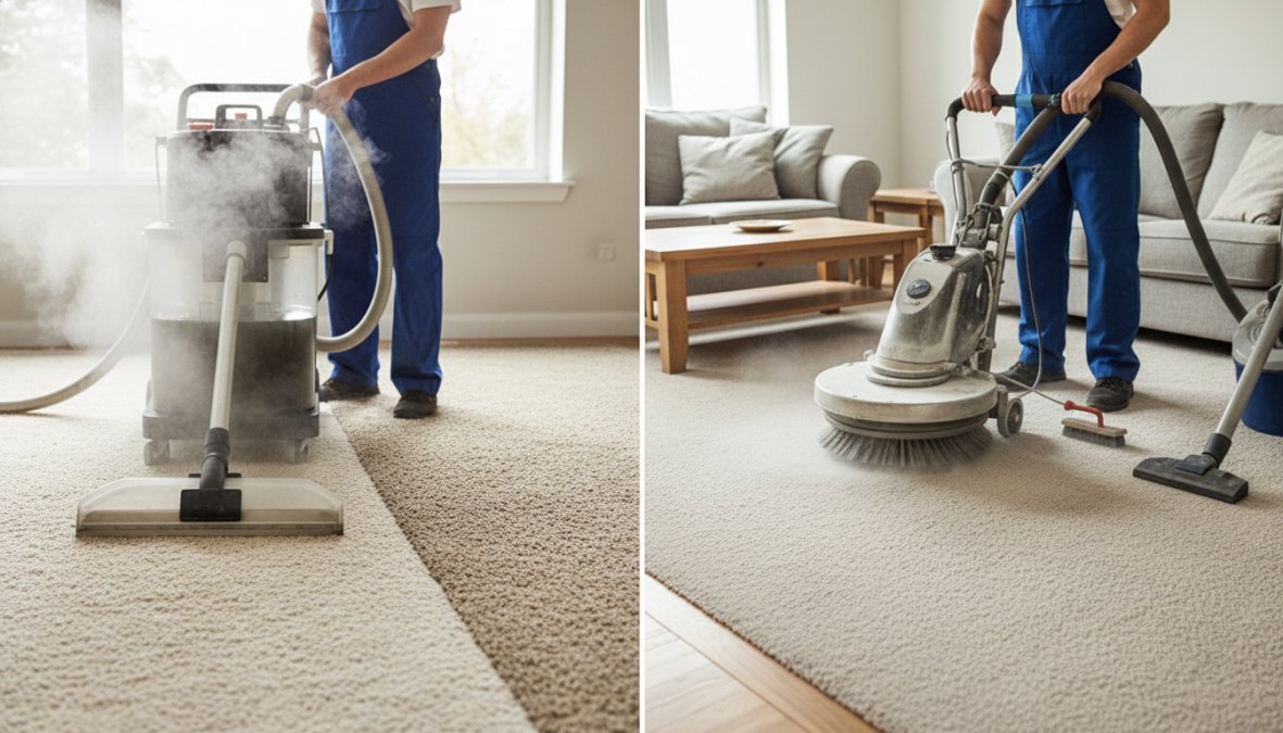 A professional carpet cleaning technician in a navy uniform operating a large truck-mounted steam cleaning hose inside a bright residential living room with cream-colored carpet, afternoon sunlight streaming through large windows